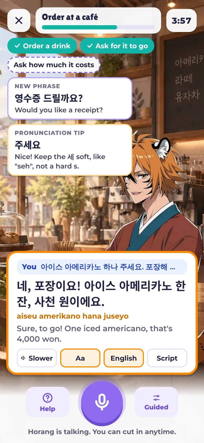 A Speak call on a phone, with the character on screen and the conversation shown as text